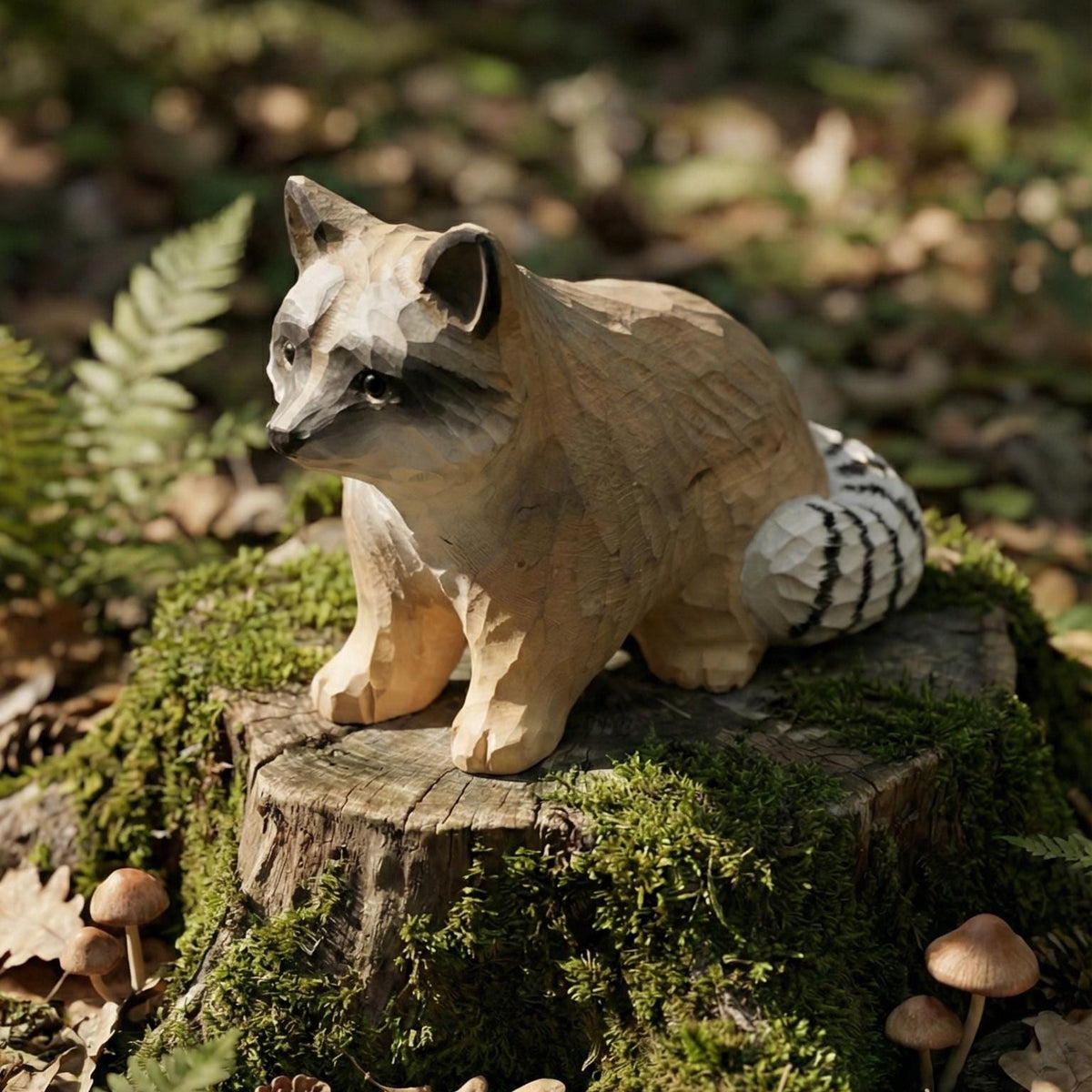 Hand Carved Wooden Raccoon Statue, Rustic Woodland Nursery Decor, Forest Animal Figurine, Garden Ornament