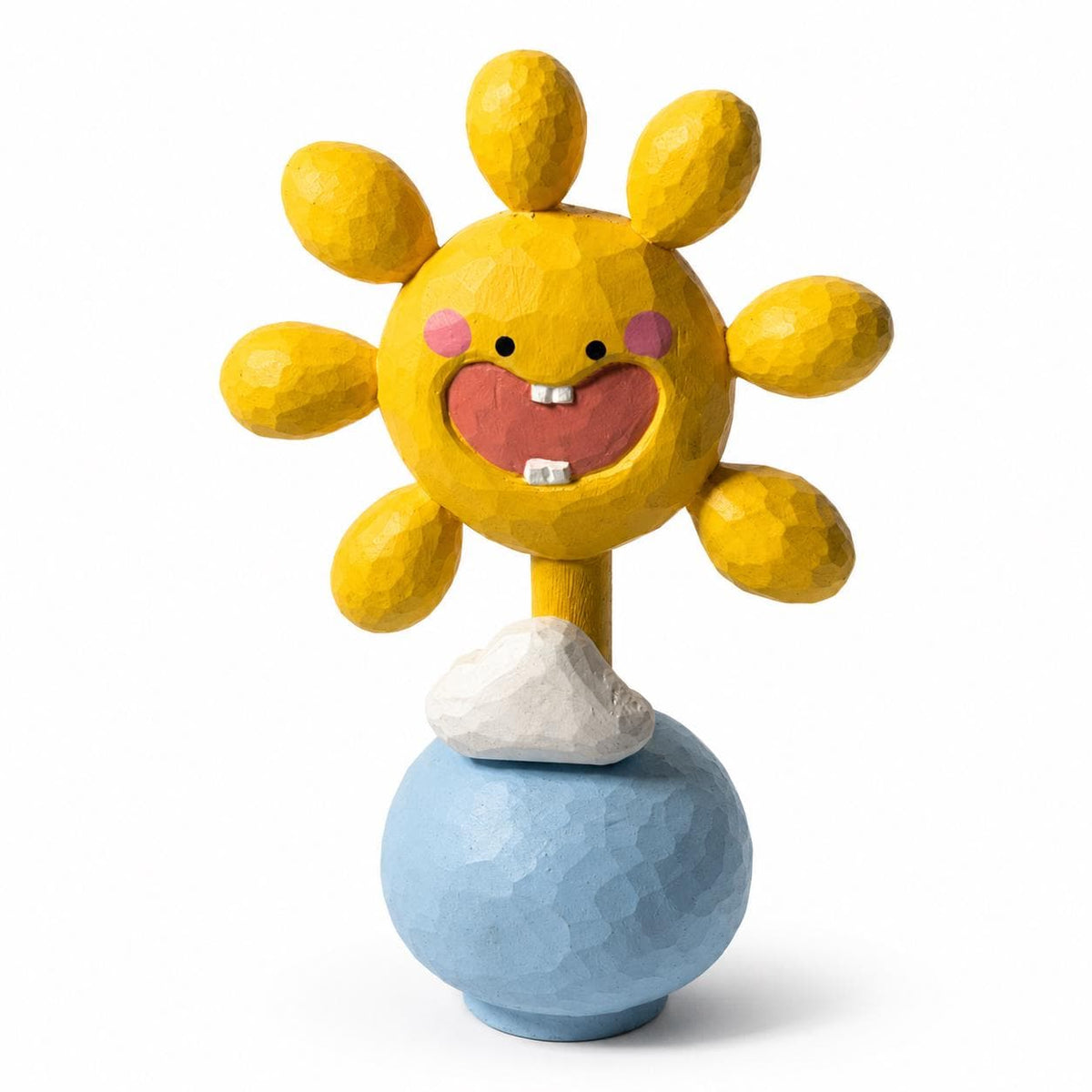 Hand Carved Wooden Sun Figurine, Smiley Sun on Blue Globe, Cheerful Yellow Sun Sculpture, Fun Kids Room Decor, Unique Sunshine Gift