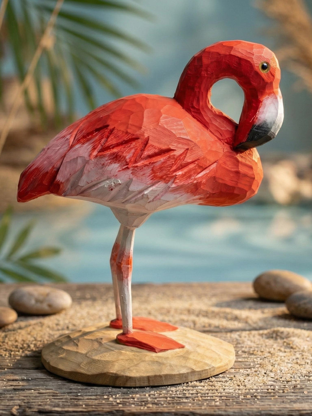 Wooden Flamingo Statue, Tropical Beach House Decor,  Gift for Bird Watchers, Rainforest Themed Decor