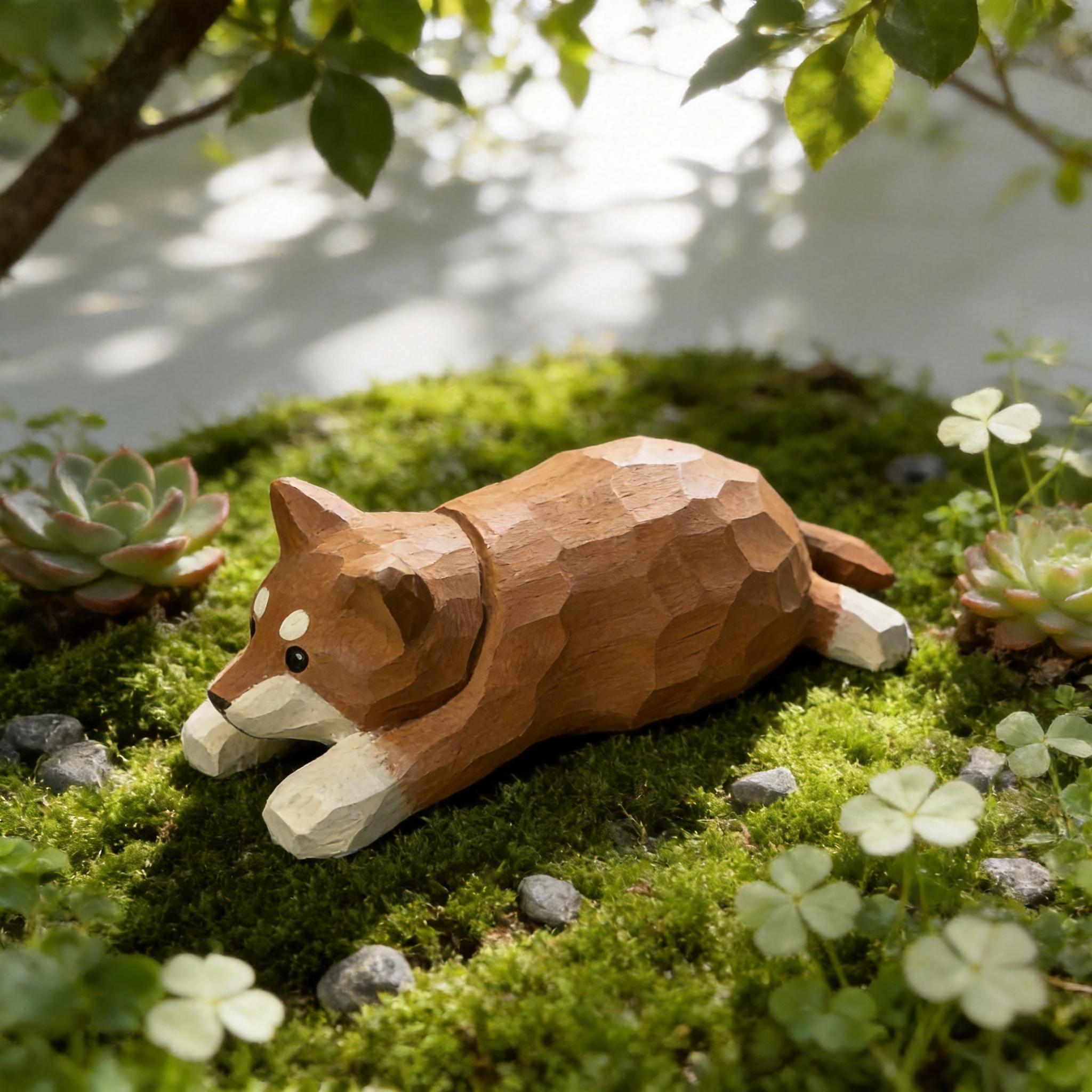 Sleepy Shiba Inu Wood Carving Cute Lying Dog Figurine Handmade Desk Pet Decor Gift for Dog Lovers