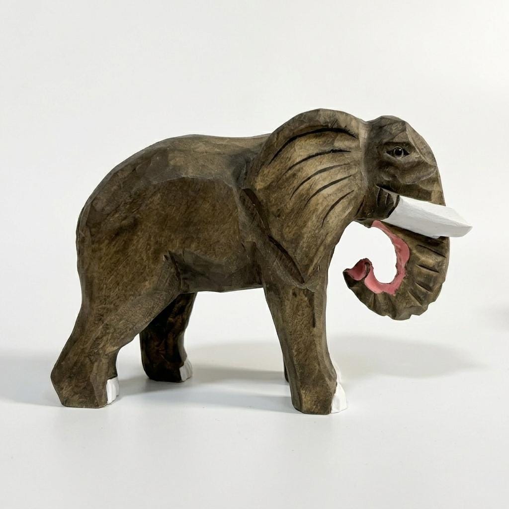 Handmade Wooden Elephant Figurine, Rustic African Elephant Carving, Animal Lover Gift, Boho Nursery Decor, Hand Carved Wood Statue