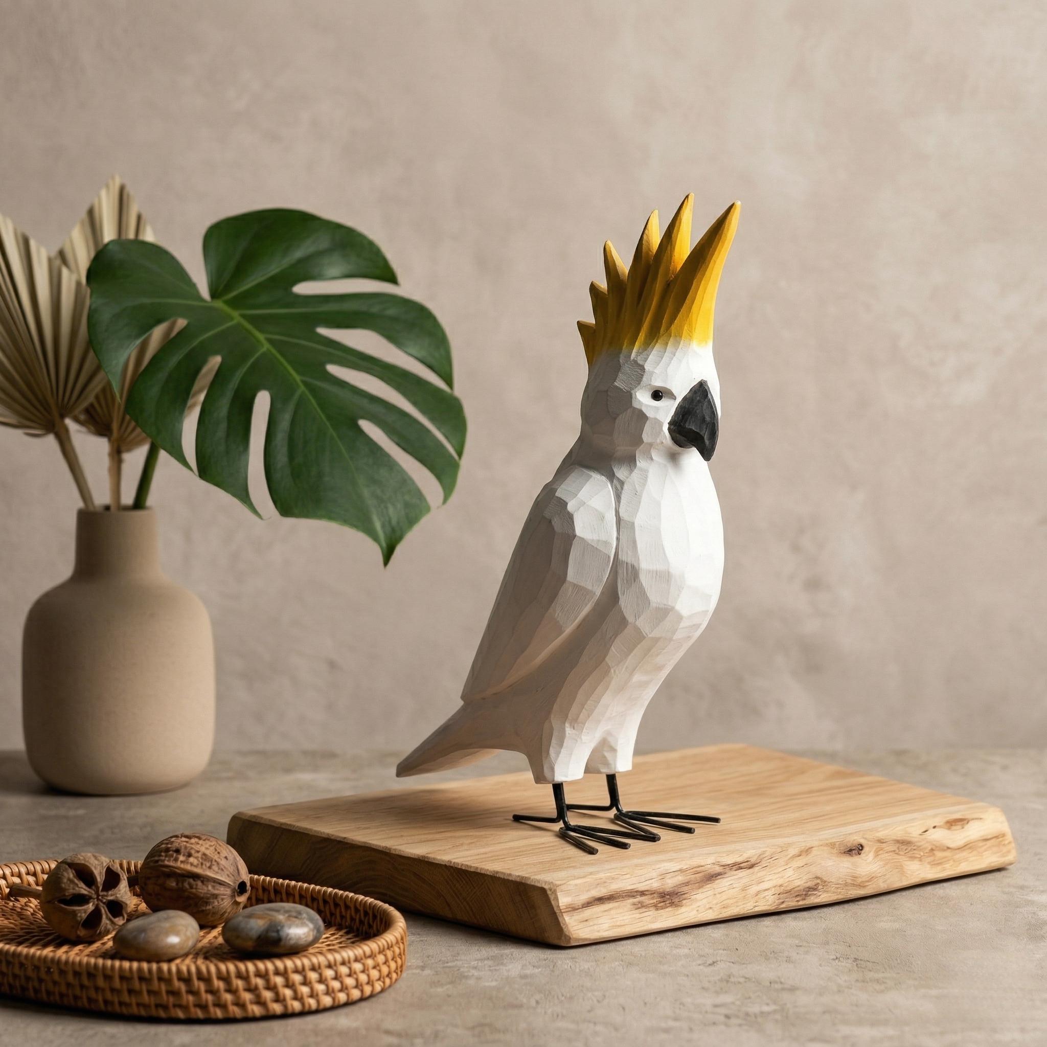 Whimsical Hand-Carved Wooden Cockatoo Figurine | Geometric Tropical Bird Sculpture | Modern Coastal Decor | Unique Gift for Bird Lovers