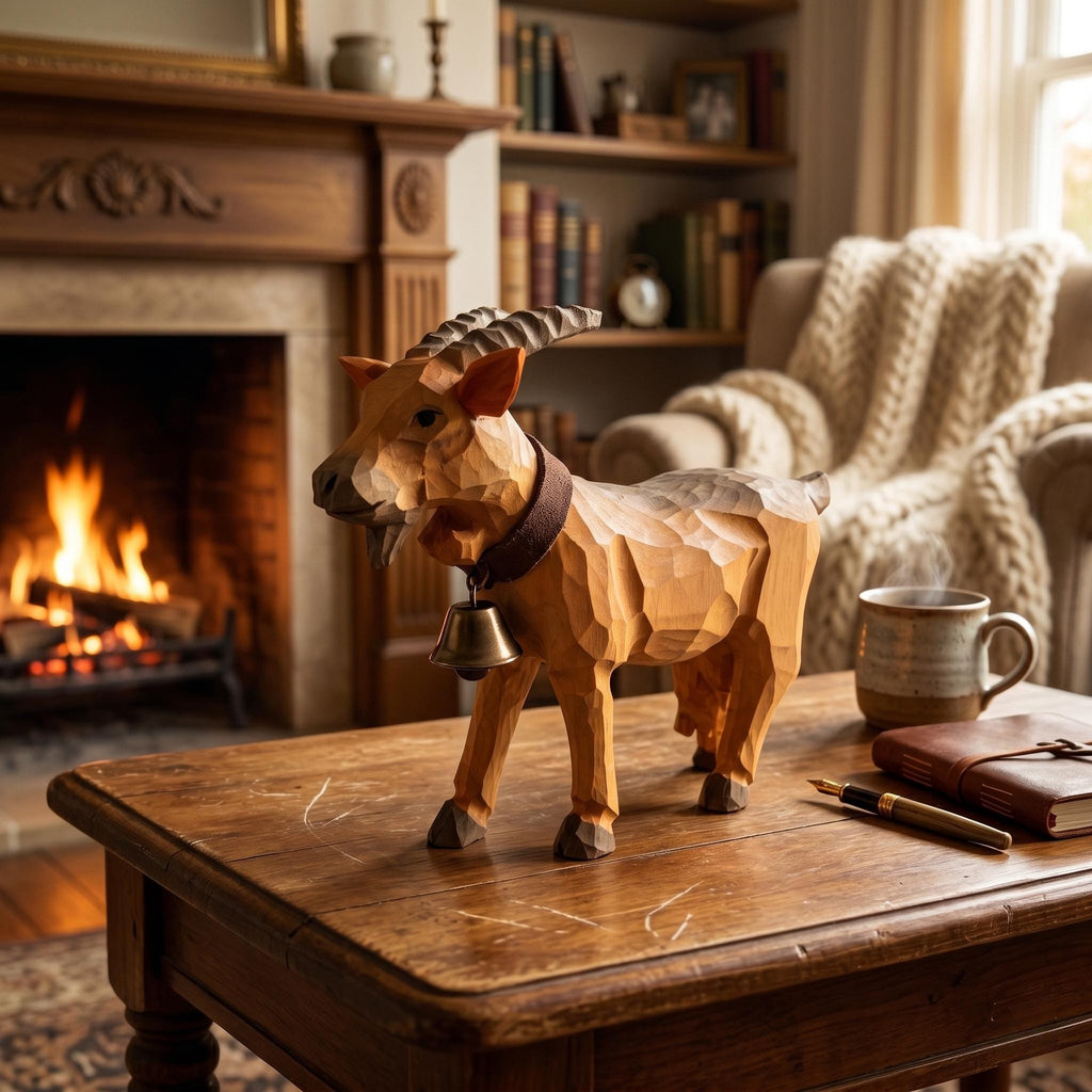 Whimsical Wooden Goat Carving with Bell Rustic Farmhouse Animal Decor Alpine Figurine Unique Birthday Gift