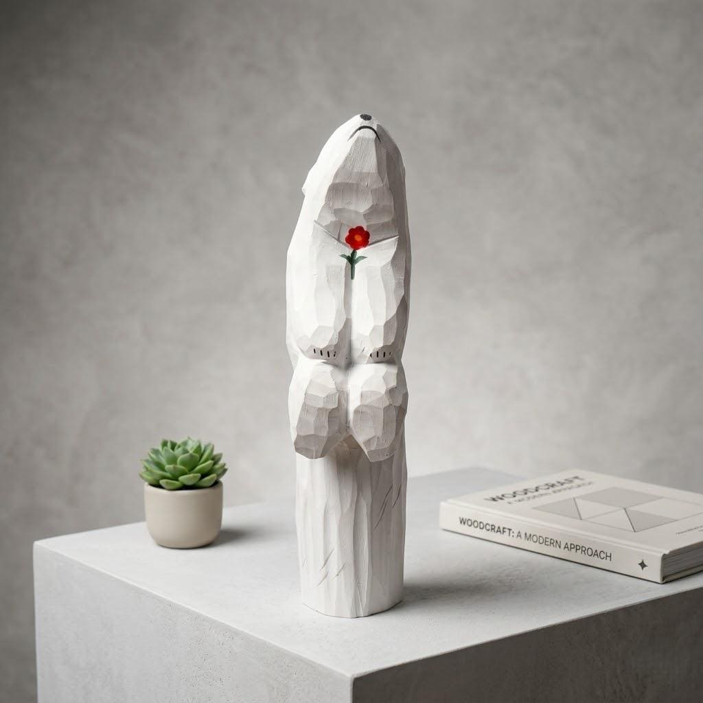 Whimsical Wooden Polar Bear Figurine Hand Carved Animal Statue With Red Flower Romantic Anniversary Gift For Nature Lovers