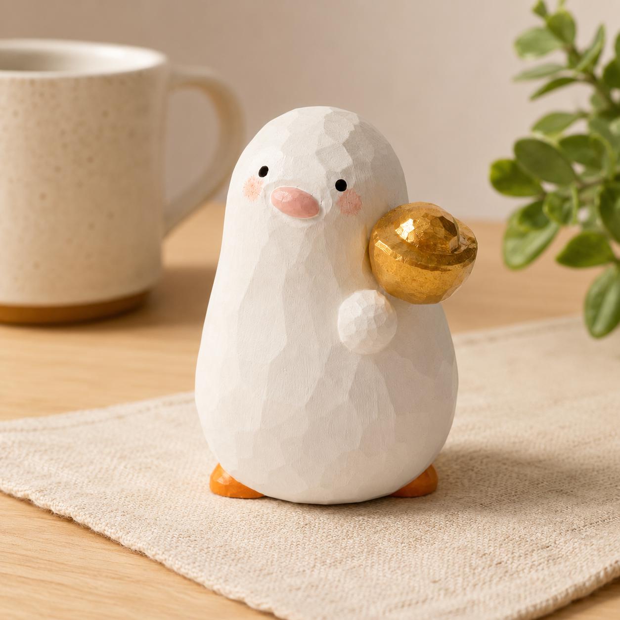Lucky White Wooden Bird Figurine Hand Carved Wood Duck with Gold Ingot Cute Desk Decor Good Luck Gift for Friend New Job Present