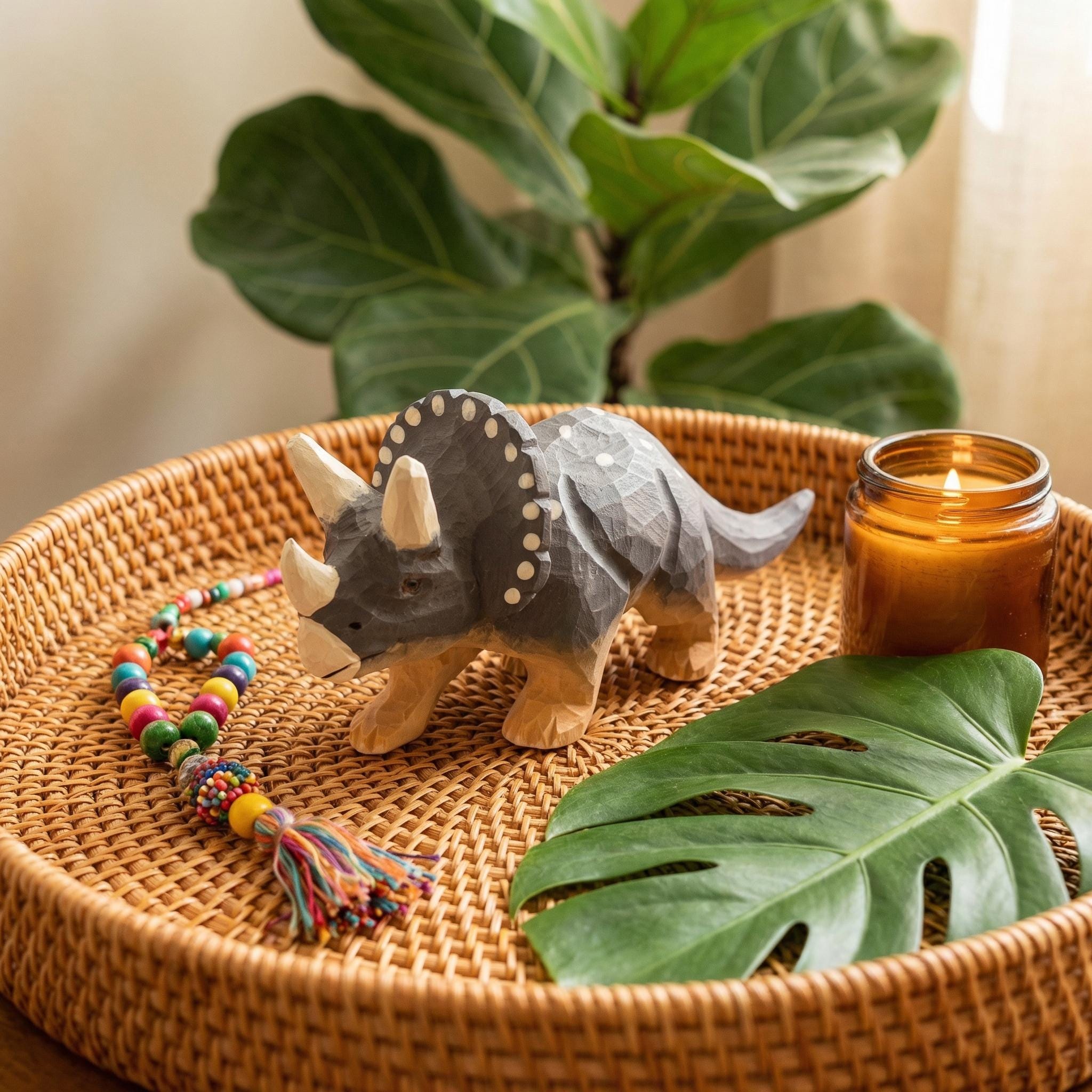 Hand Carved Wooden Triceratops Figurine, Rustic Nursery Art, Woodland Dinosaur Decor