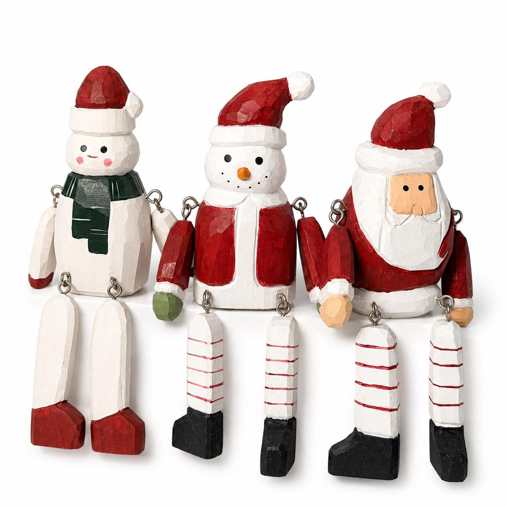 Whimsical Wooden Christmas Shelf Sitter Santa Snowman Figurine Hand Carved Winter Decor Secret Santa Gift