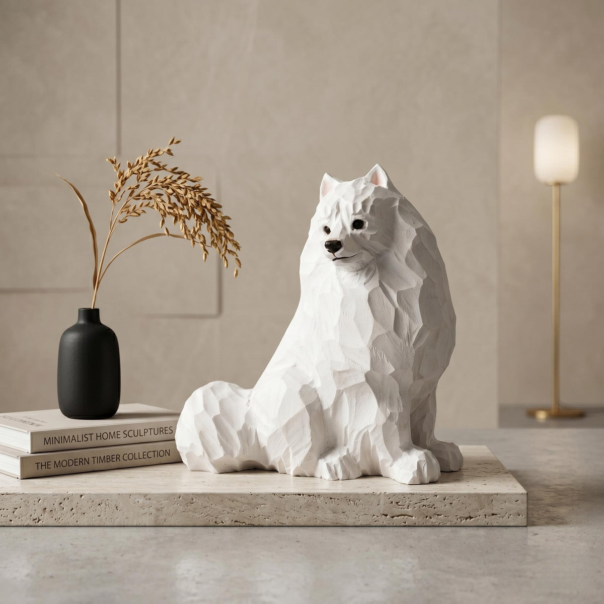 Whimsical White Samoyed Wood Carving Geometric Fluffy Dog Figurine Minimalist Pet Memorial Unique Gift for Dog Lovers Desk Decor