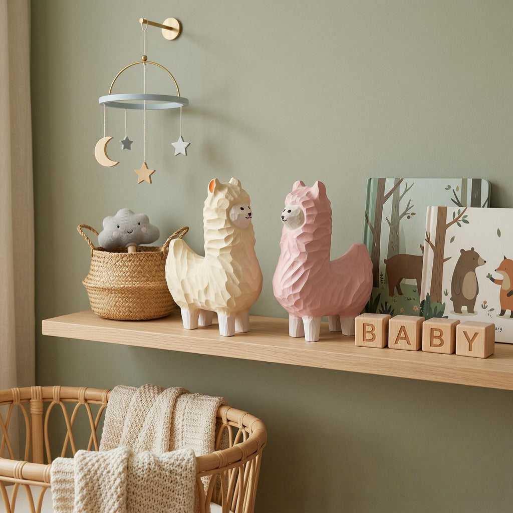 Whimsical Wooden Alpaca Couple Hand Carved Llama Figurines Pastel Nursery Decor Unique Animal Lover Gift Desk Pet Wood Anniversary Present