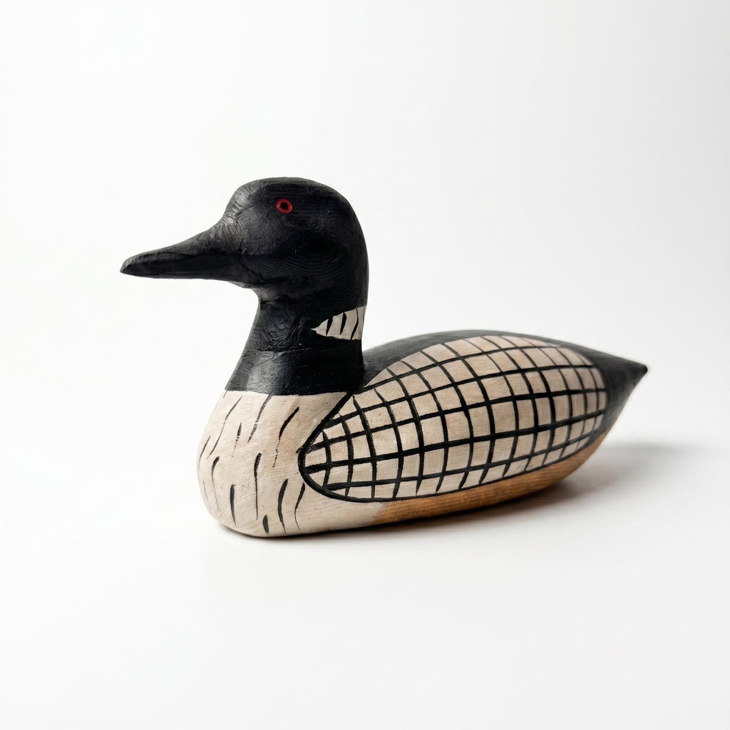 Hand-Carved Wooden Loon Figurine, Rustic Lake House Decor, Black and White Bird Art, Cabin Core Accent, Unique Gift for Bird Lovers