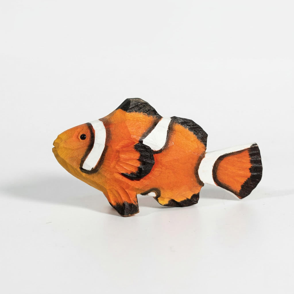 Hand Carved Wooden Clownfish Figurine, Nautical Nursery Decor, Tropical Sea Animal Sculpture, Hand Painted Fish Ornament