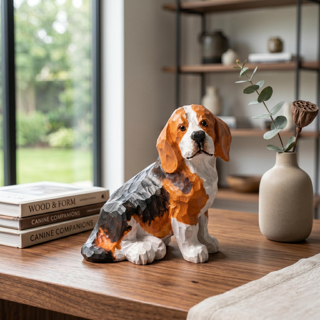 Hand Carved Wooden Beagle Figurine, Rustic Dog Lover Decor, Wood Dog Sculpture, Pet Memorial Gift, Handmade Dog Statue For Desk Shelf