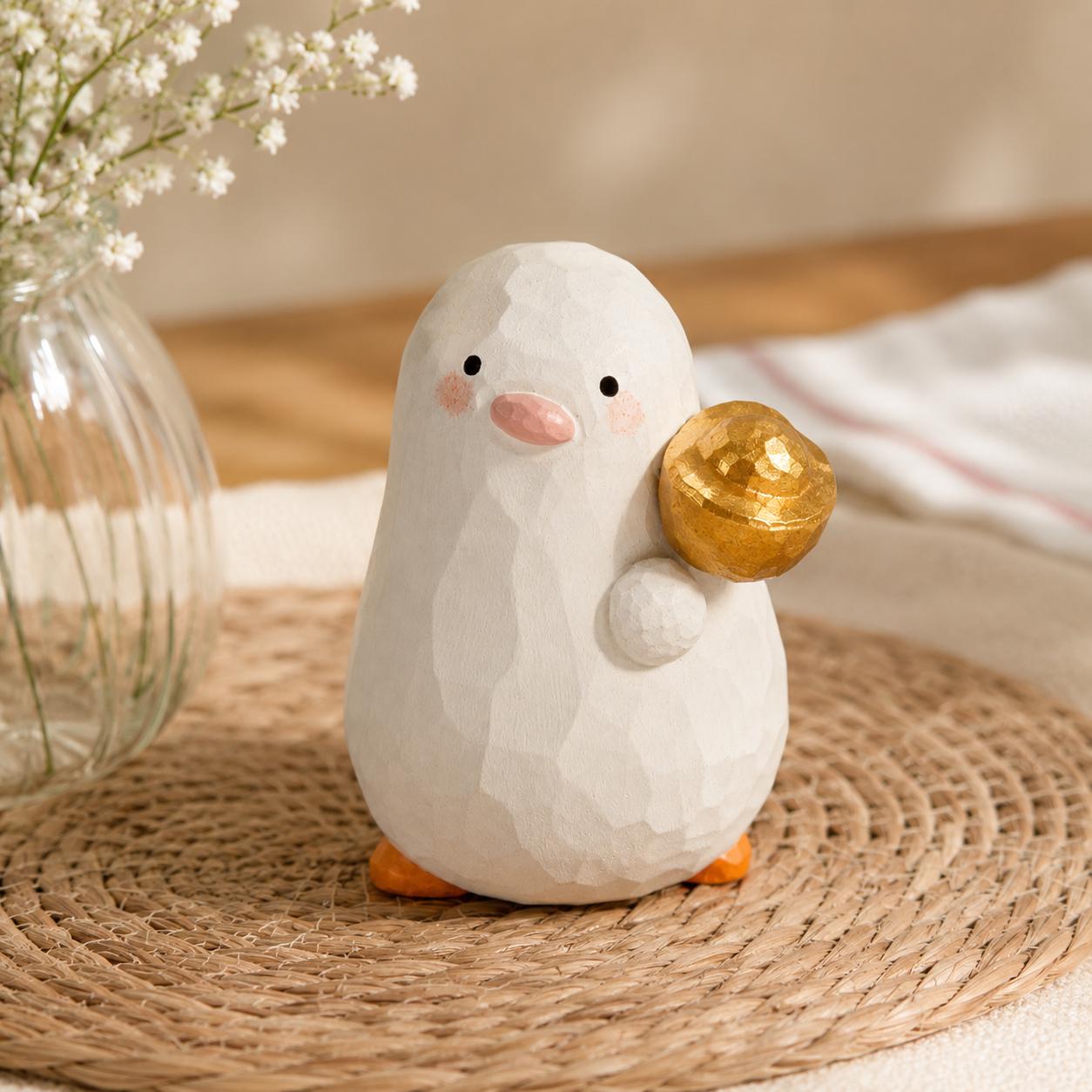 Lucky White Wooden Bird Figurine Hand Carved Wood Duck with Gold Ingot Cute Desk Decor Good Luck Gift for Friend New Job Present