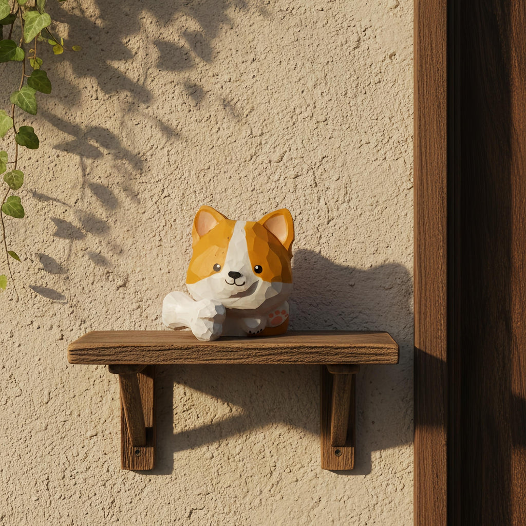 Wooden Corgi Figurine with Bone, Miniature Dog Statue, Whimsical Desk Decor, Corgi Lover Gift