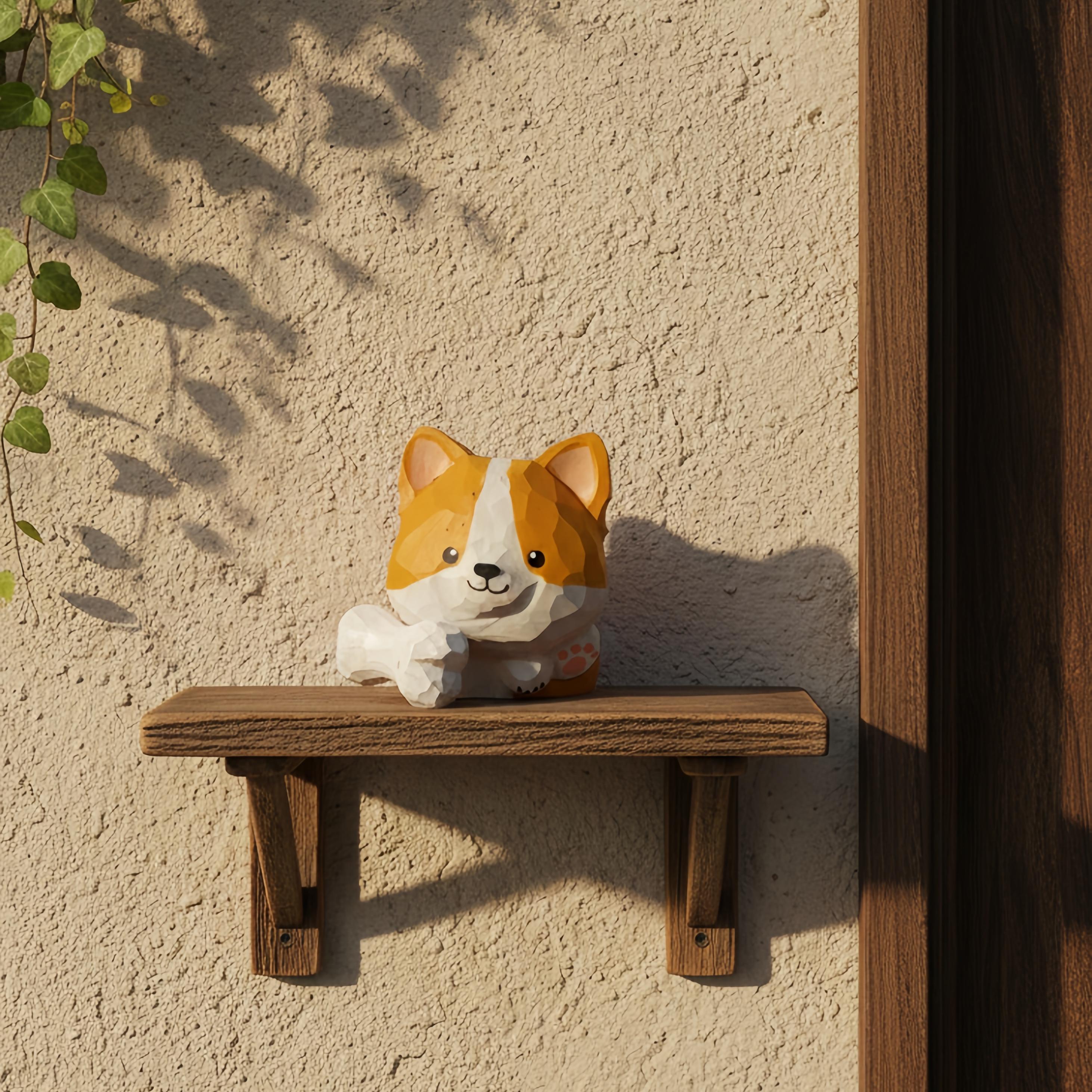 Wooden Corgi Figurine with Bone, Miniature Dog Statue, Whimsical Desk Decor, Corgi Lover Gift