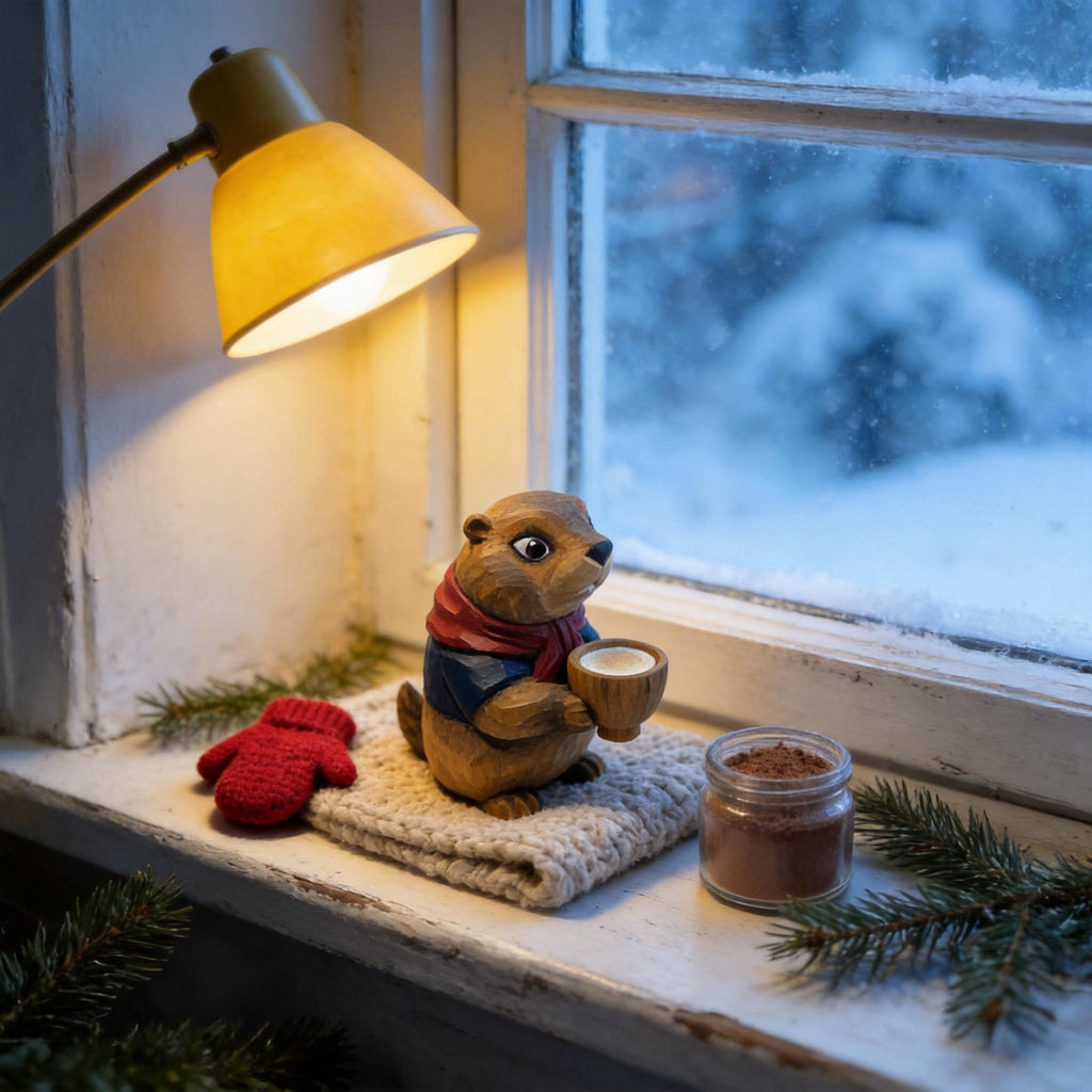 Whimsical Hand-Carved Wooden Groundhog Figurine, Cute Woodchuck Holding Bowl Decor, Cozy Woodland Animal Desk Pet, Nature Lover Gift