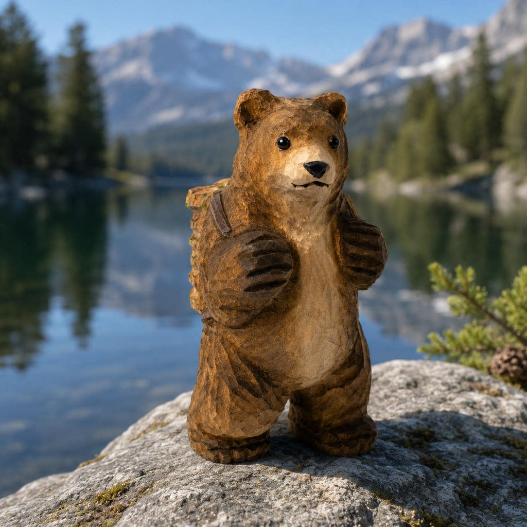 Hand-Carved Wooden Bear with Backpack Figurine | Whimsical Forest Hiker Decor | Cute Wood Animal Sculpture | Nature Lover Gift