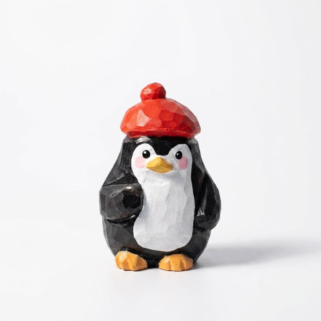 Whimsical Wooden Penguin Figurine in Red Beret, Hand Carved Bird Statue, Cute Desk Decor, Winter Animal Art, Unique Gift for Bird Lover