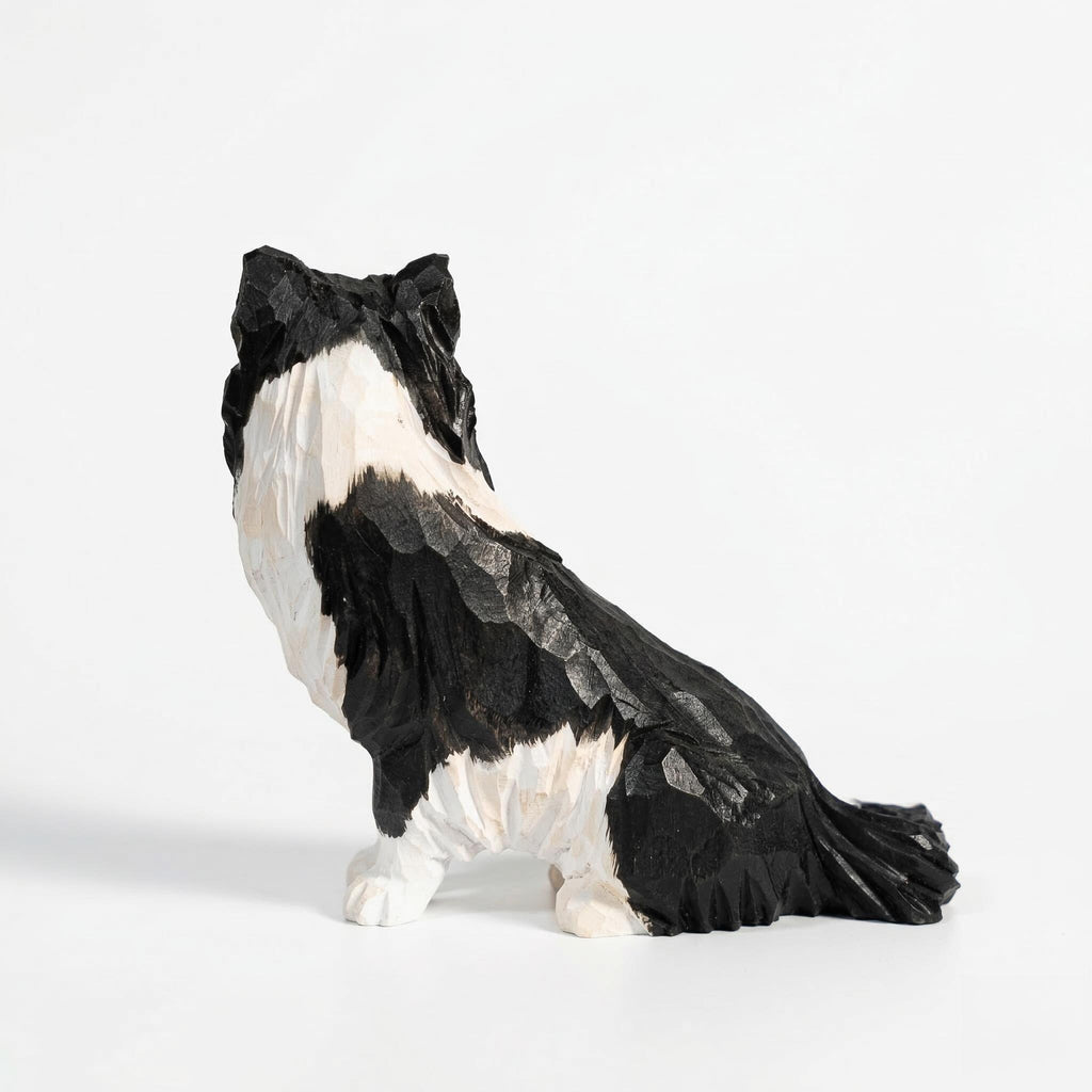 Hand-Carved Wooden Border Collie Figurine, Black and White Dog Sculpture, Rustic Pet Memorial Gift, Dog Lover Home Decor