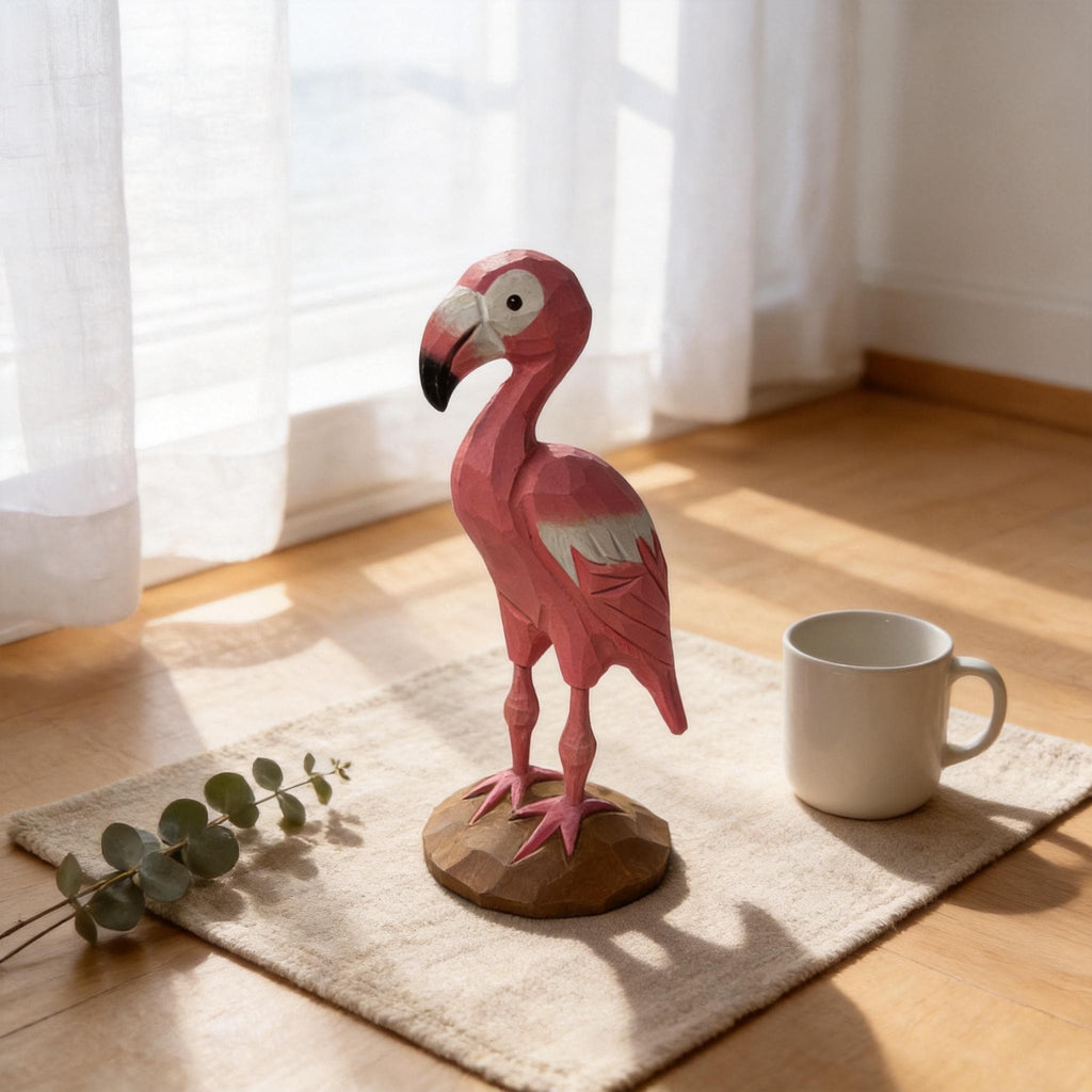 Whimsical Pink Flamingo Wood Carving Geometric Animal Sculpture Tropical Decor Hand Carved Bird Figurine Unique Gift for Bird Lover