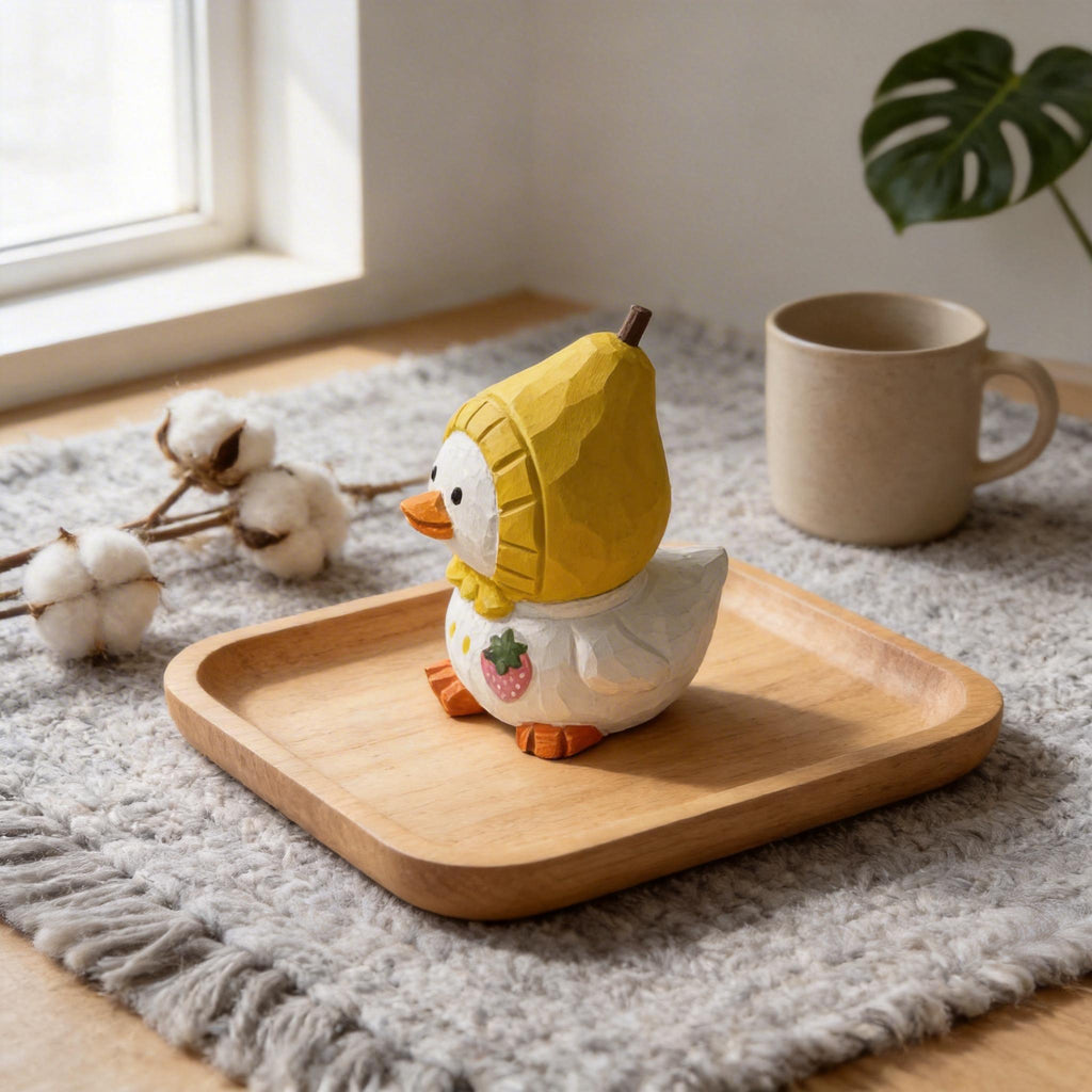 Whimsical Hand-Carved Wooden Duckling in Pear Hat Figurine - Cute Fruit Animal Wood Carving - Housewarming Gift for Duck Lovers