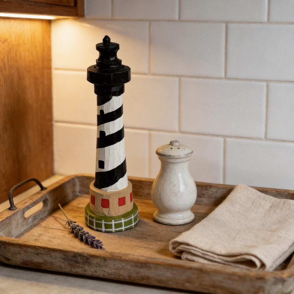 Rustic Hand-Carved Wooden Lighthouse Black and White Nautical Coastal Decor Unique Beach Lover Gift Ocean Theme Nursery Accent