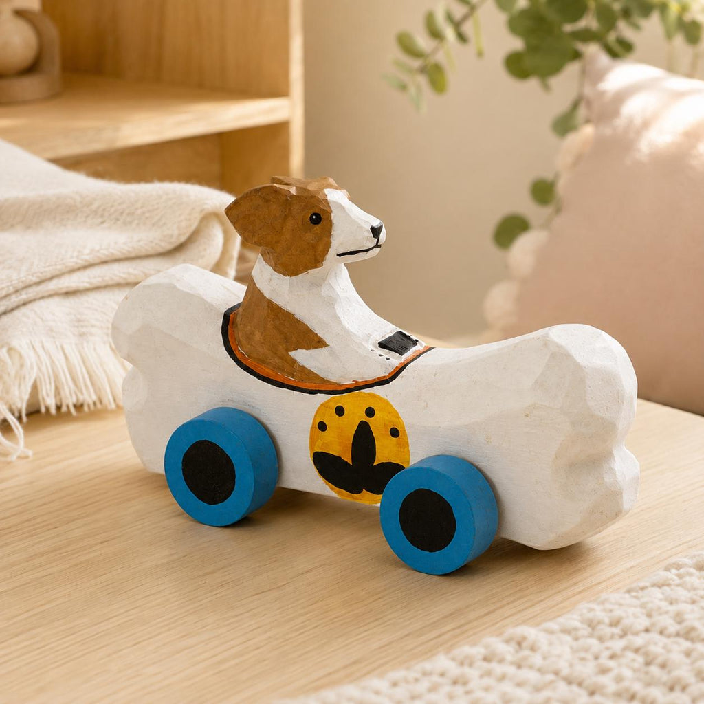 Whimsical Wooden Dog in Bone Car, Hand Carved Animal Figurine, Rustic Nursery Decor, Wood Craft Art, Unique Gift for Dog Lover