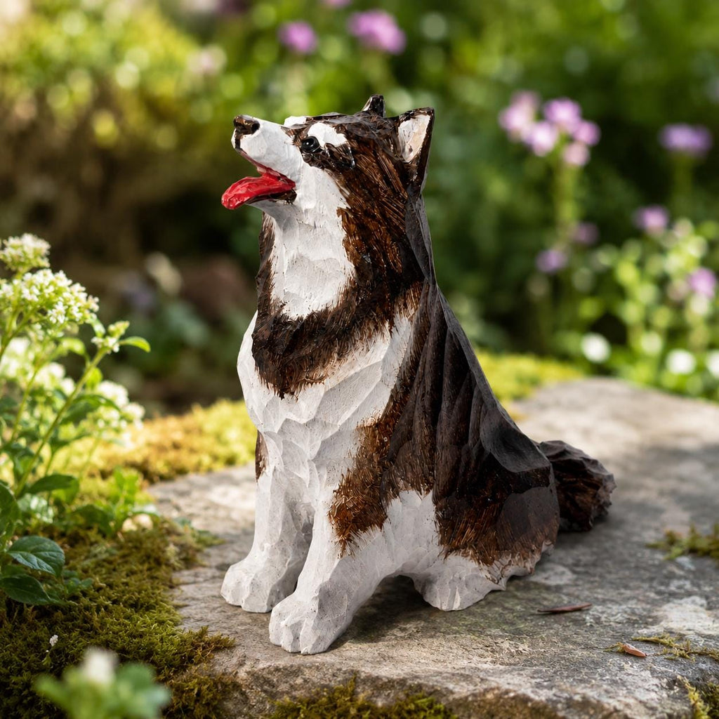 Cheerful Wooden Husky Figurine Hand Carved Dog Statue Rustic Pet Memorial Desk Decor Dog Lover Gift