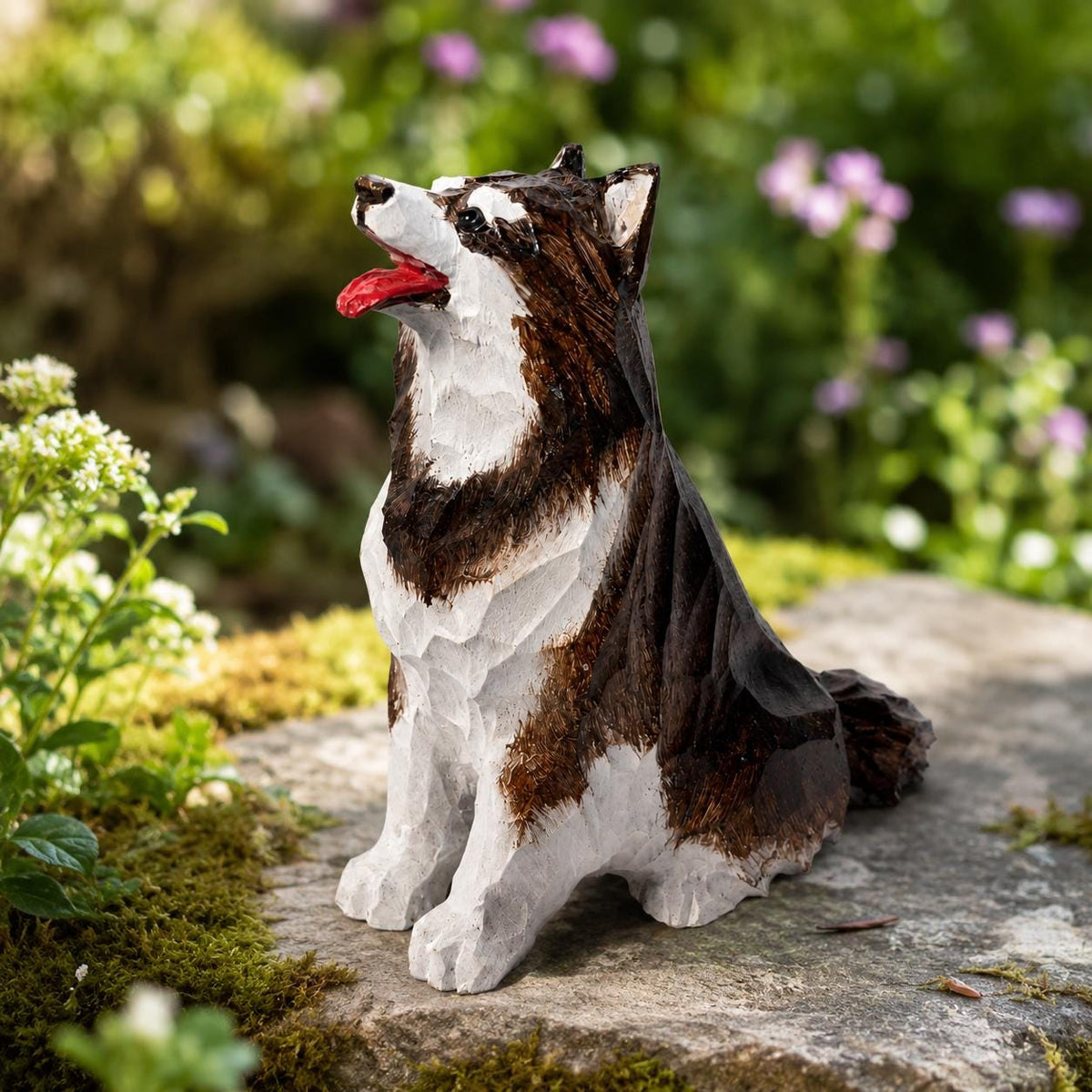Cheerful Wooden Husky Figurine Hand Carved Dog Statue Rustic Pet Memorial Desk Decor Dog Lover Gift