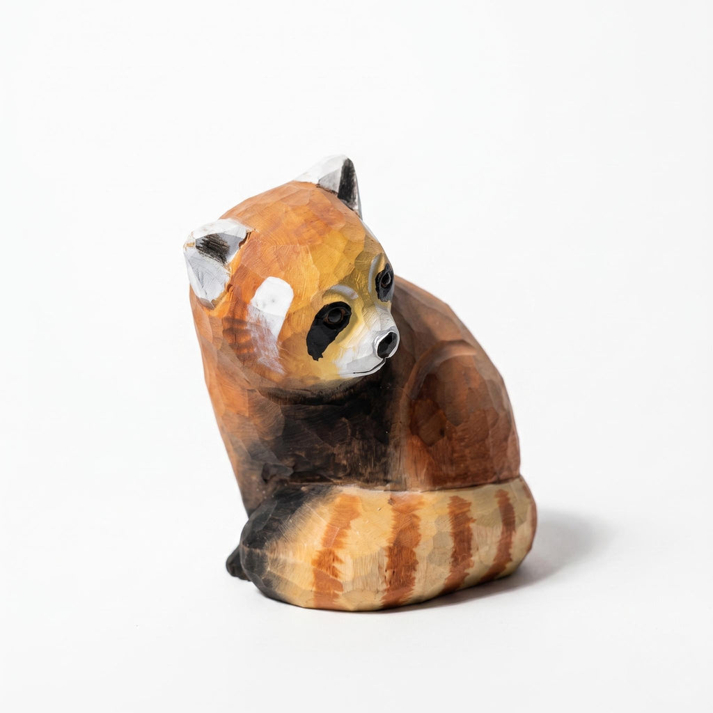 Whimsical Hand Carved Wooden Red Panda Figurine, Rustic Woodland Animal Decor, Cute Red Panda Lover Gift, Unique Wood Art Shelf Sitter