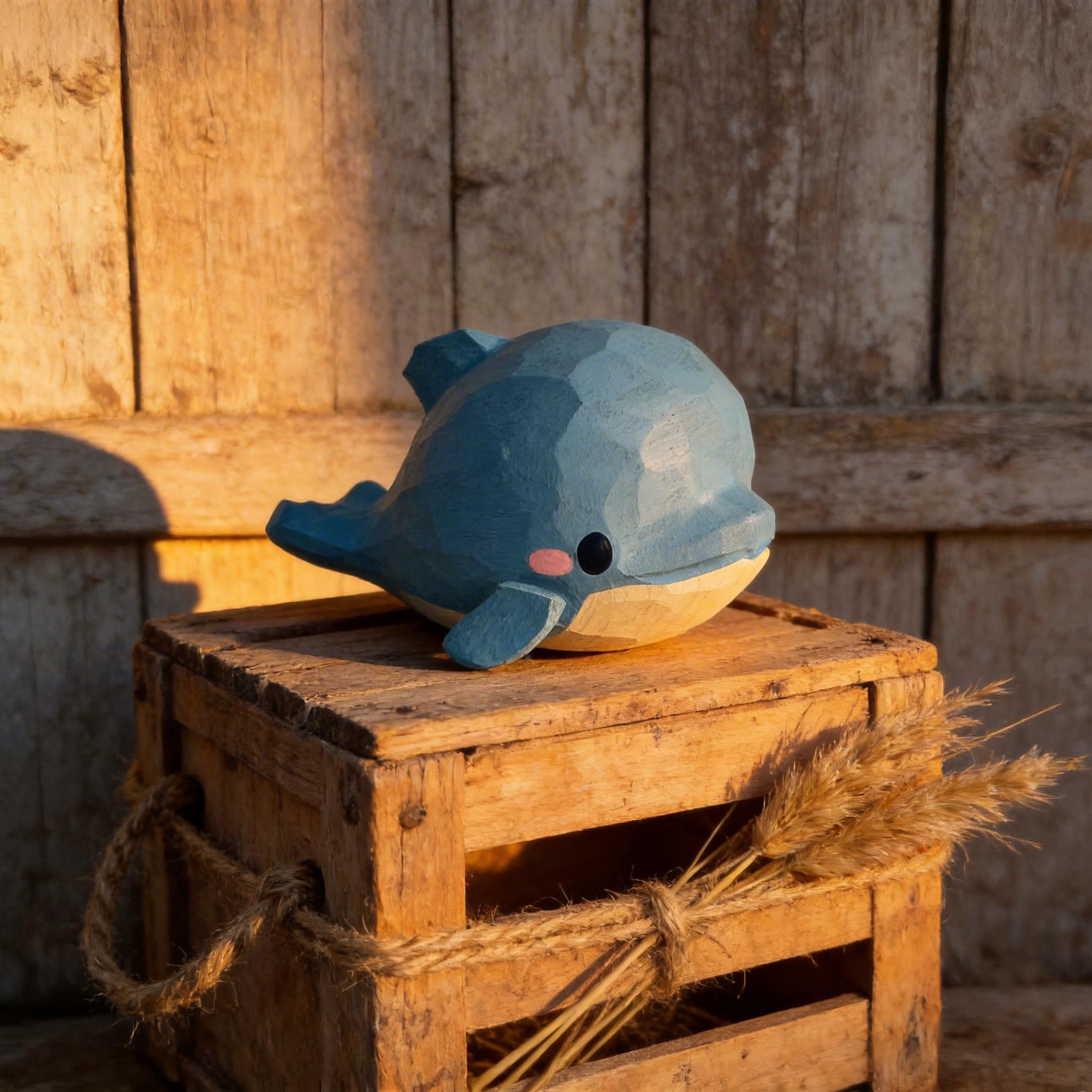 Hand Carved Wooden Dolphin Figurine | Kawaii Blue Ocean Animal Decor | Cute Marine Life Wood Carving | Beach Theme Desk Pet Lover Gift