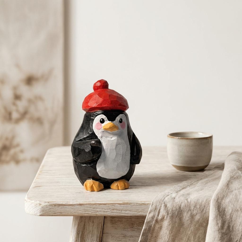 Whimsical Wooden Penguin Figurine in Red Beret, Hand Carved Bird Statue, Cute Desk Decor, Winter Animal Art, Unique Gift for Bird Lover