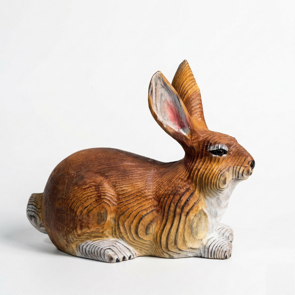 Hand-Carved Wood Rabbit Figurine, Hand-Painted Woodland Bunny Sculpture, Rustic Nursery Decor
