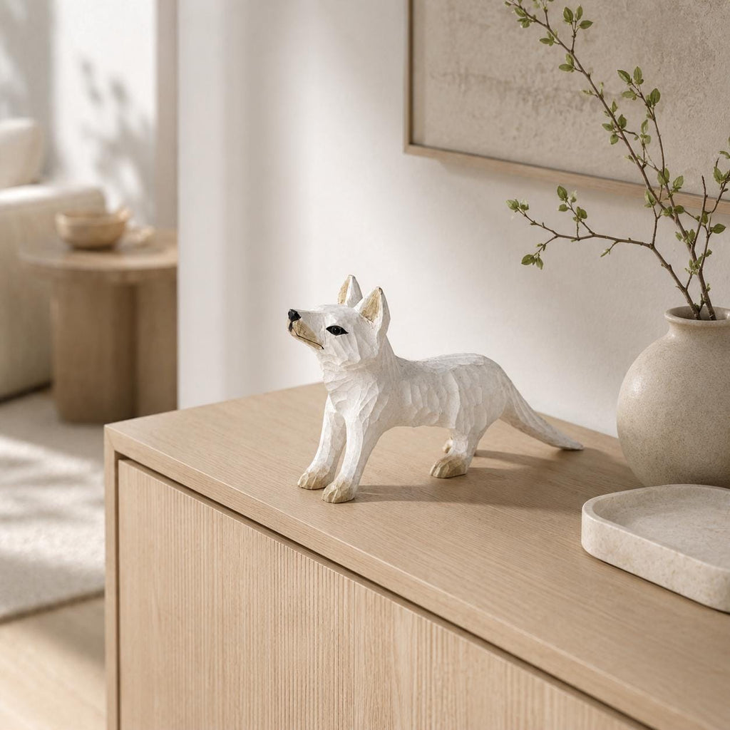 Whimsical White Arctic Fox Hand Carved Wood Figurine Woodland Animal Nursery Decor Rustic Desk Accessory Unique Gift for Nature Lover