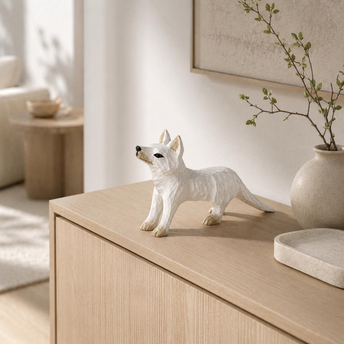 Whimsical White Arctic Fox Hand Carved Wood Figurine Woodland Animal Nursery Decor Rustic Desk Accessory Unique Gift for Nature Lover