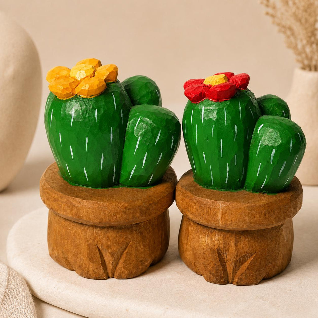 Hand Carved Wooden Cactus in Pot | Painted Succulent Figurine with Flower | Desert Plant Desk Decor | Unique Plant Lover Gift