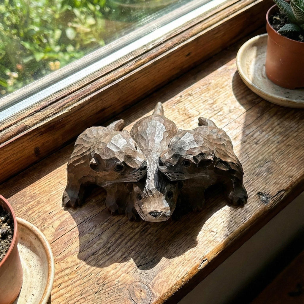 Handmade Wood Otter Trio Figurine, Garden Statue & Planter Decor,  Outdoor Porch Ornament, Friendship Gift