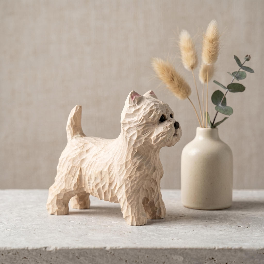 Hand Carved Wooden Westie Figurine, Rustic White Terrier Dog Sculpture, Folk Art Pet Memorial Gift for Dog Lovers, Desk Decor