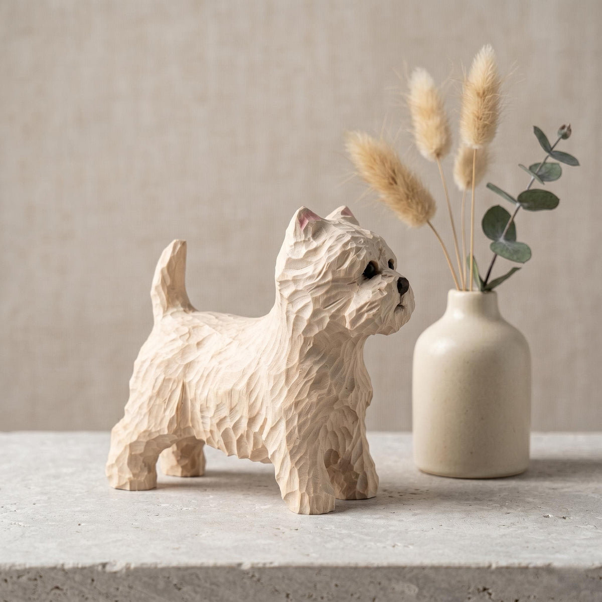 Hand Carved Wooden Westie Figurine, Rustic White Terrier Dog Sculpture, Folk Art Pet Memorial Gift for Dog Lovers, Desk Decor
