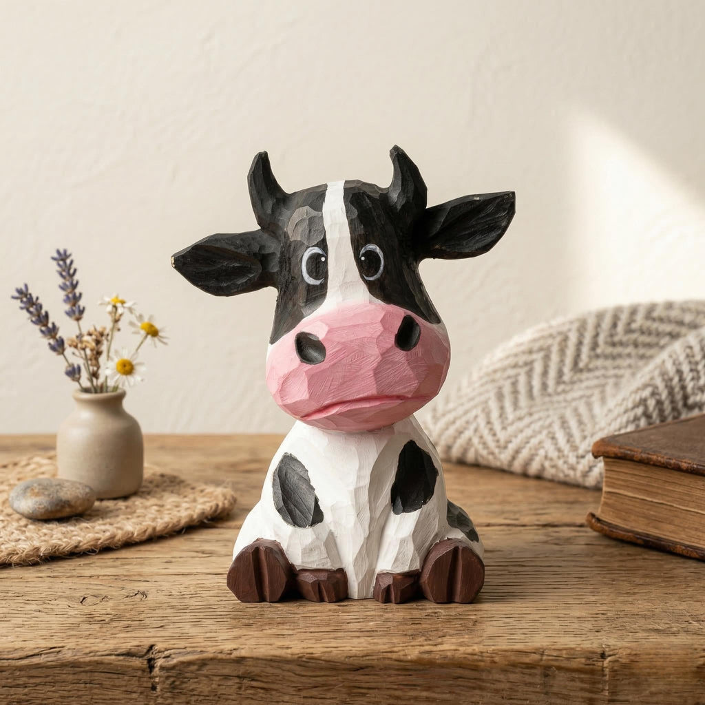 Whimsical Hand Carved Wooden Cow Figurine Sitting Farmhouse Decor Rustic Animal Art Unique Gift for Cow Lovers Nursery Shelf Decor