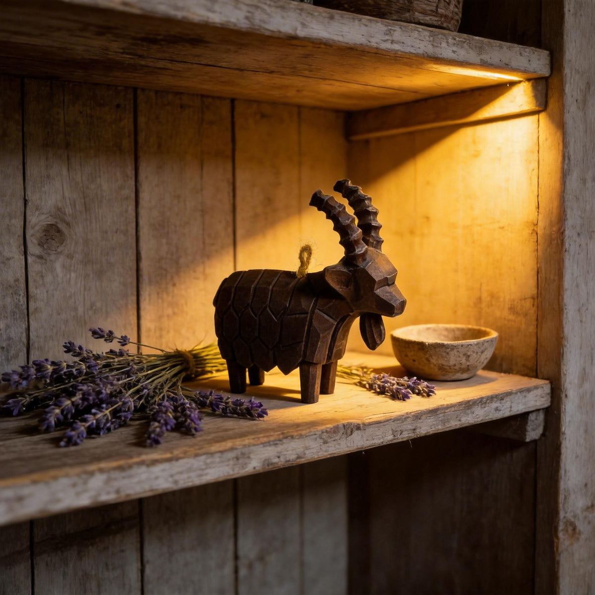 Rustic Geometric Wood Goat Figurine | Hand Carved Mountain Ibex Statue | Farmhouse Shelf Decor | Unique Wooden Animal Lover Gift