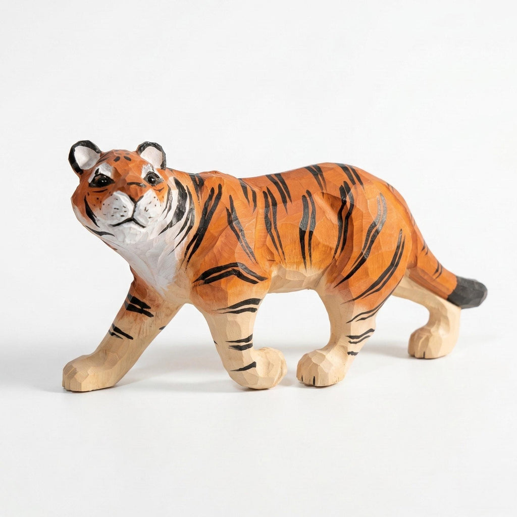 Hand-Carved Wood Tiger Figurine, Artisan Animal Sculpture, Jungle Nursery Decor, Tiger Statue