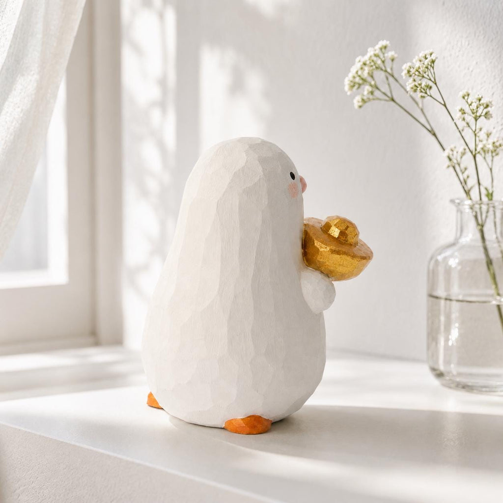 Lucky White Wooden Bird Figurine Hand Carved Wood Duck with Gold Ingot Cute Desk Decor Good Luck Gift for Friend New Job Present