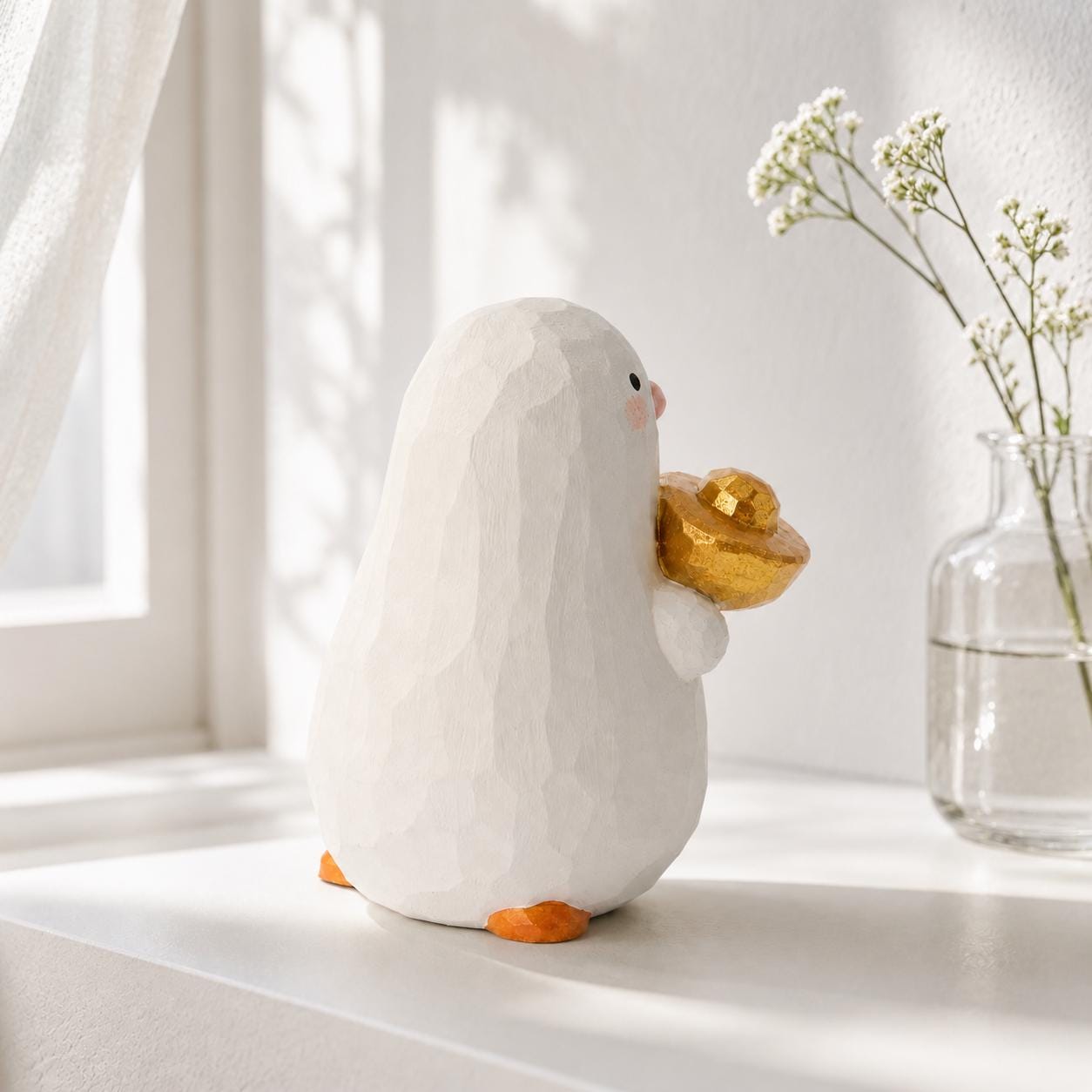 Lucky White Wooden Bird Figurine Hand Carved Wood Duck with Gold Ingot Cute Desk Decor Good Luck Gift for Friend New Job Present