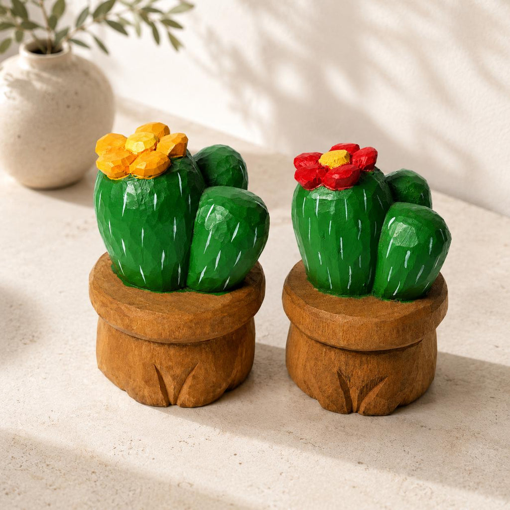 Hand Carved Wooden Cactus in Pot | Painted Succulent Figurine with Flower | Desert Plant Desk Decor | Unique Plant Lover Gift