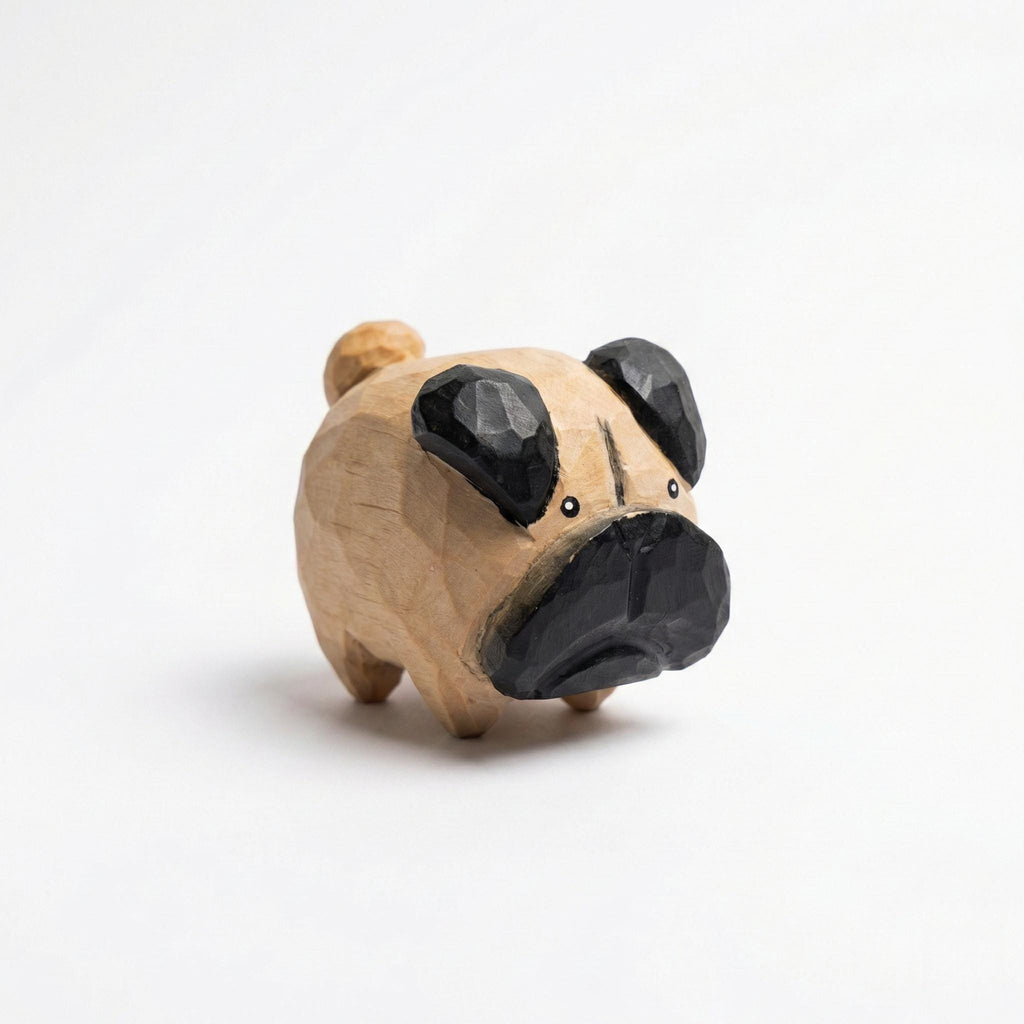 Whimsical Hand Carved Wooden Pug Figurine, Chubby Fawn Pug Statue, Dog Lover Gift, Minimalist Pet Decor, Small Wood Animal Sculpture
