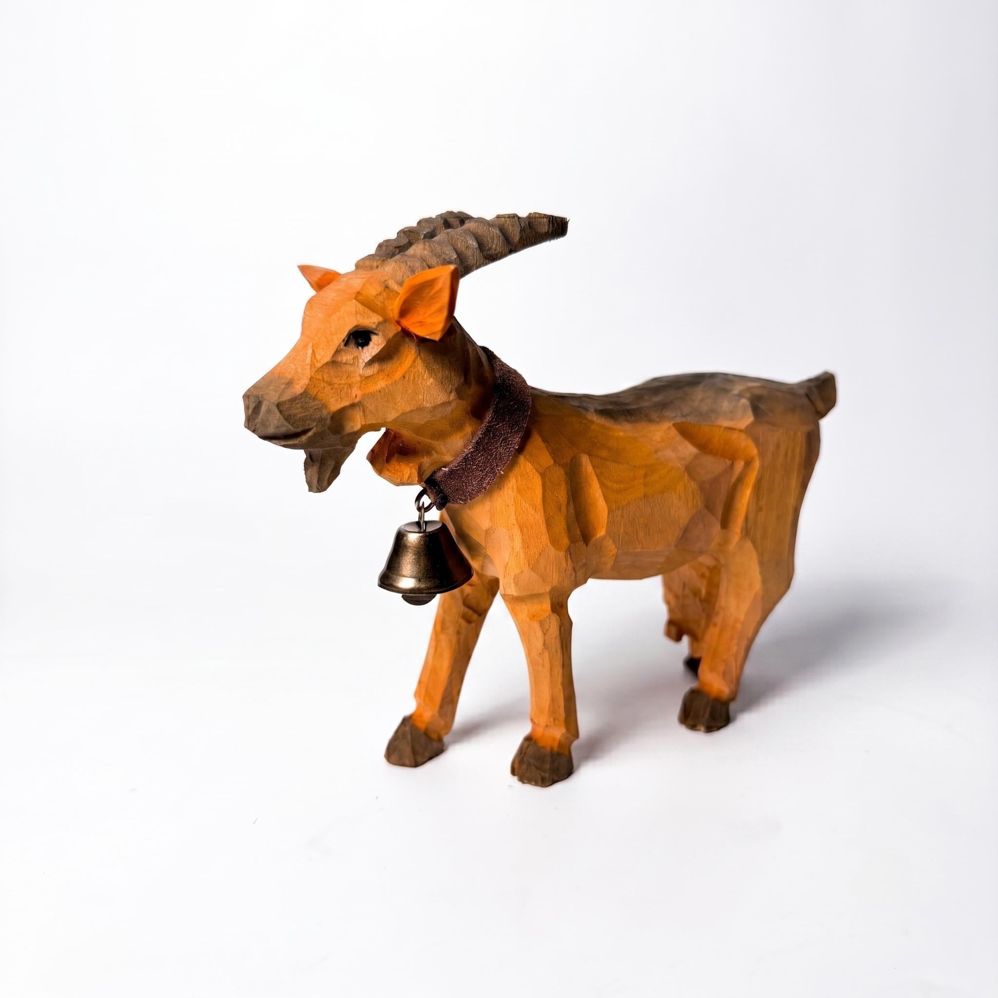 Whimsical Wooden Goat Carving with Bell Rustic Farmhouse Animal Decor Alpine Figurine Unique Birthday Gift