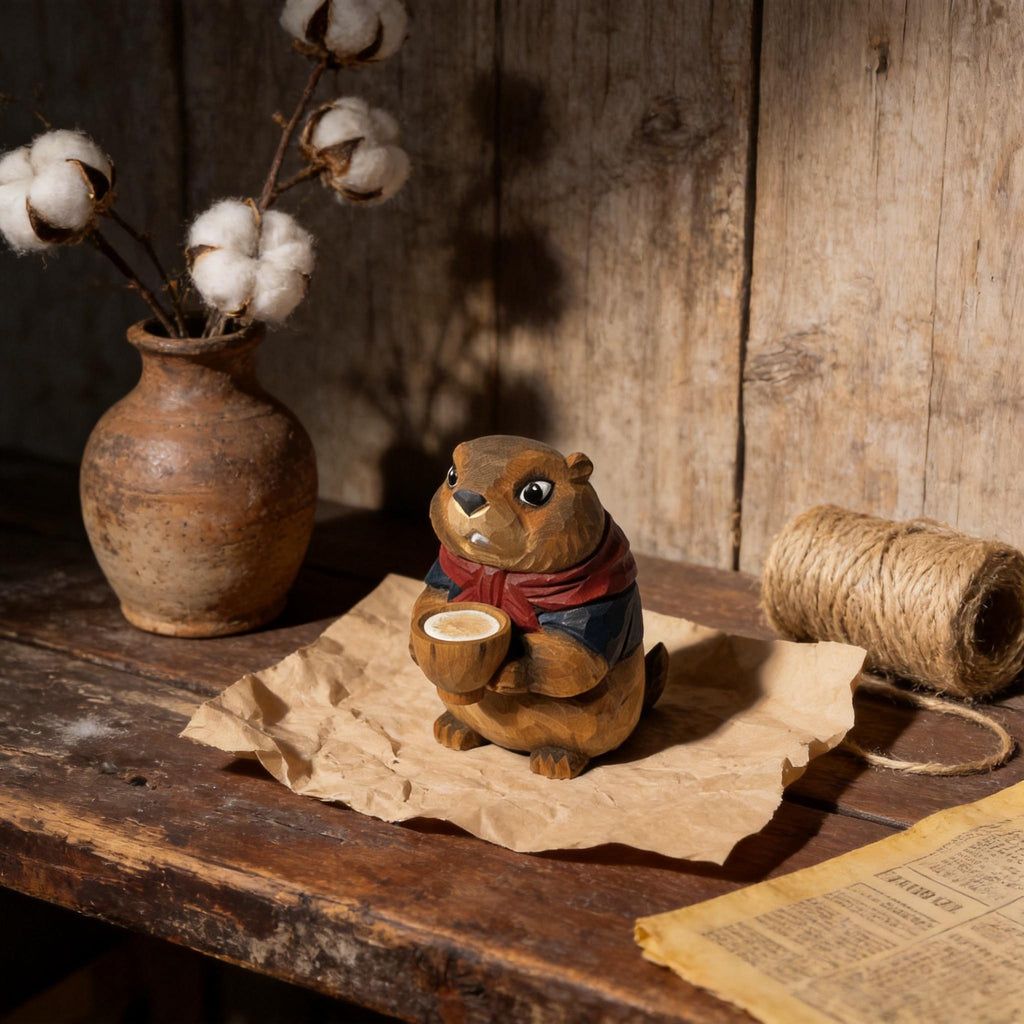 Whimsical Hand-Carved Wooden Groundhog Figurine, Cute Woodchuck Holding Bowl Decor, Cozy Woodland Animal Desk Pet, Nature Lover Gift
