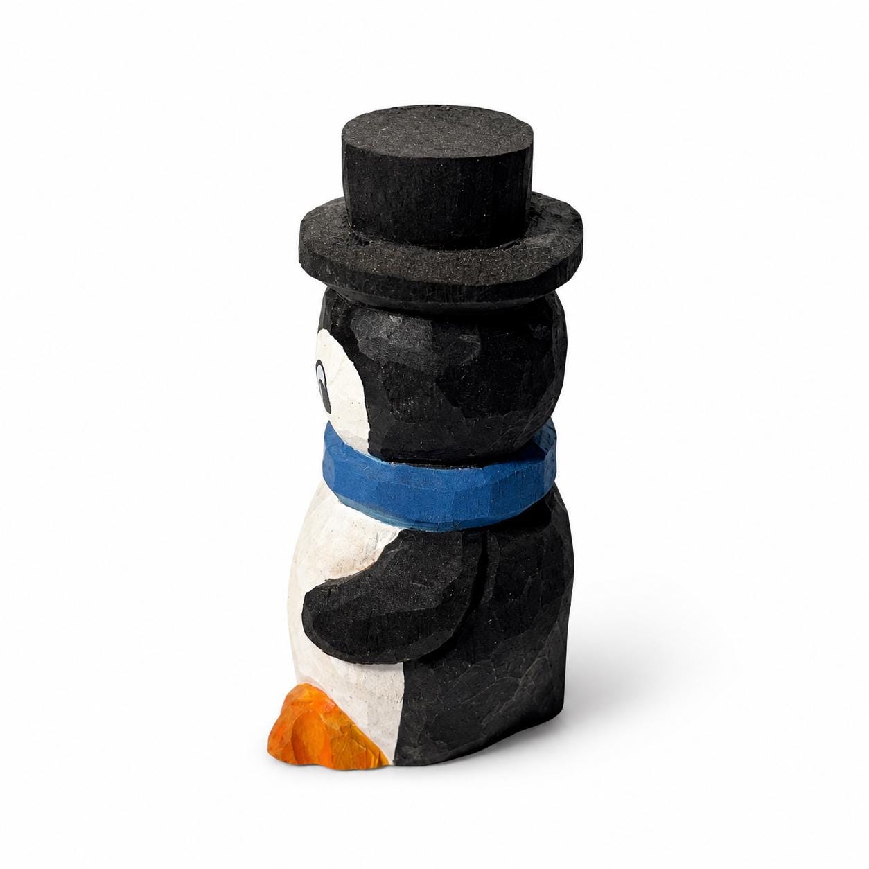 Whimsical Wooden Penguin Figurine, Hand Carved Bird, Top Hat Winter Decor, Rustic Wood Animal, Cute Christmas Gift