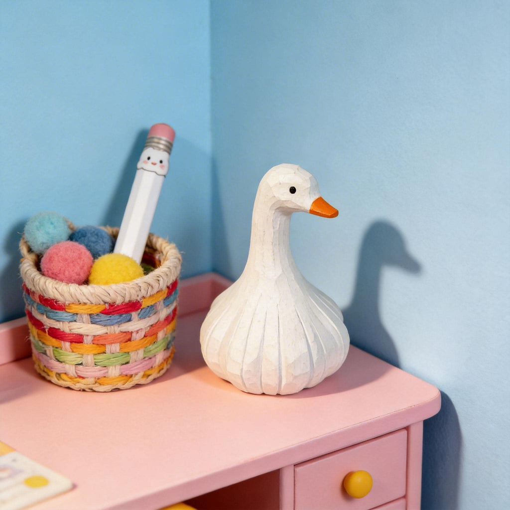Whimsical Hand-Carved Wooden Goose Figurine, Rustic White Bird Sculpture, Farmhouse Kitchen Decor, Quirky Garlic Goose Art